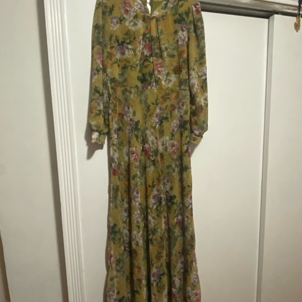 ÖzDuman Floral Maxi Dress Mustard Boho Vintage Print Size 46 EU Modest Chic